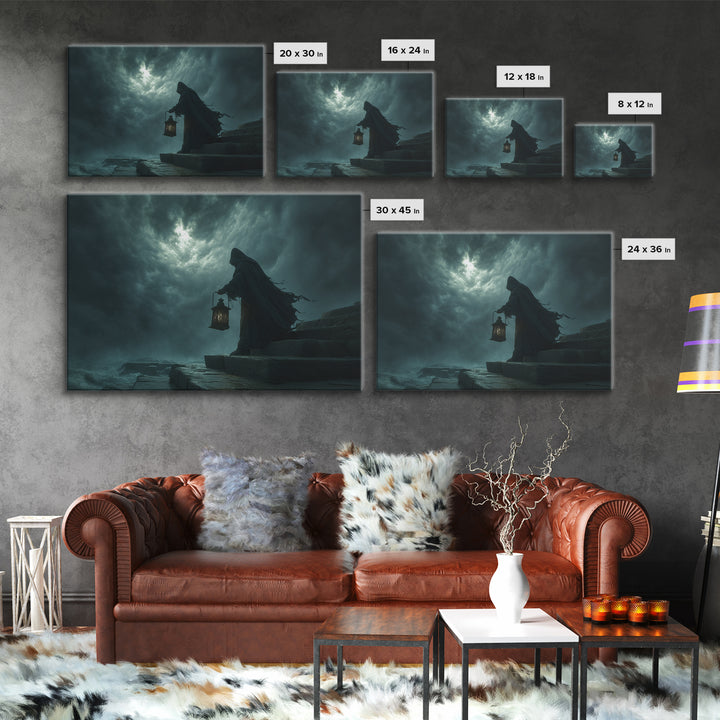 The Lantern-Bearer Of R’Lyeh, Landscape Wall Art, Spooky Home Decor, Framed Canvas Print, Halloween Wall Decor, Gothic Home Decor