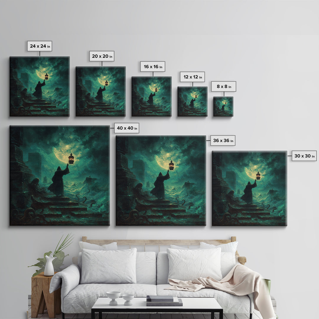 The Lantern-Bearer Of R’Lyeh, Square Wall Art, Spooky Home Decor, Framed Canvas Print, Halloween Wall Decor, Gothic Home Decor