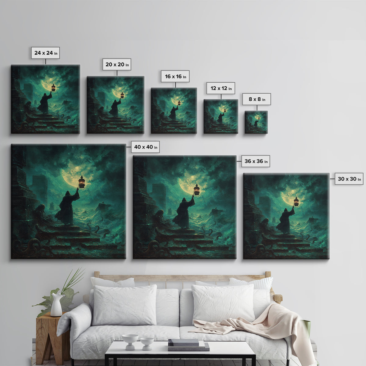 The Lantern-Bearer Of R’Lyeh, Square Wall Art, Spooky Home Decor, Framed Canvas Print, Halloween Wall Decor, Gothic Home Decor
