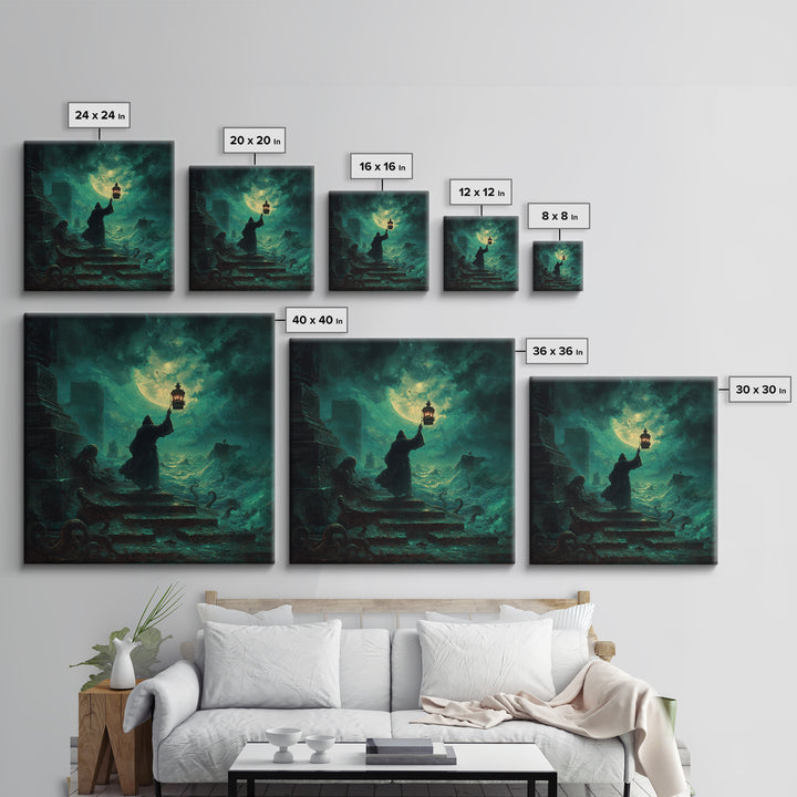 The Lantern-Bearer Of R’Lyeh, Square Wall Art, Spooky Home Decor, Framed Canvas Print, Halloween Wall Decor, Gothic Home Decor