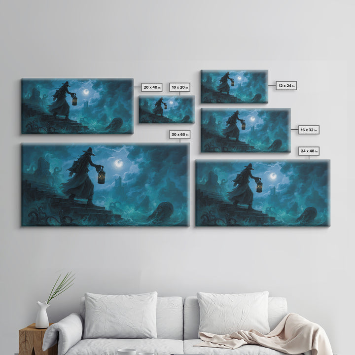 The Lantern-Bearer Of R’Lyeh, Wide Panoramic Art, Lovecraftian Horror Art, Canvas Print, Halloween Wall Decor, Gothic Home Decor