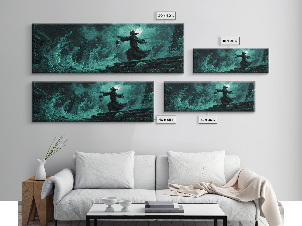 The Lantern-Bearer Of R’Lyeh, Extra Wide Wall Art, Eldritch Gothic Decor, Framed Canvas Print, Halloween Wall Decor, Gothic Home Decor