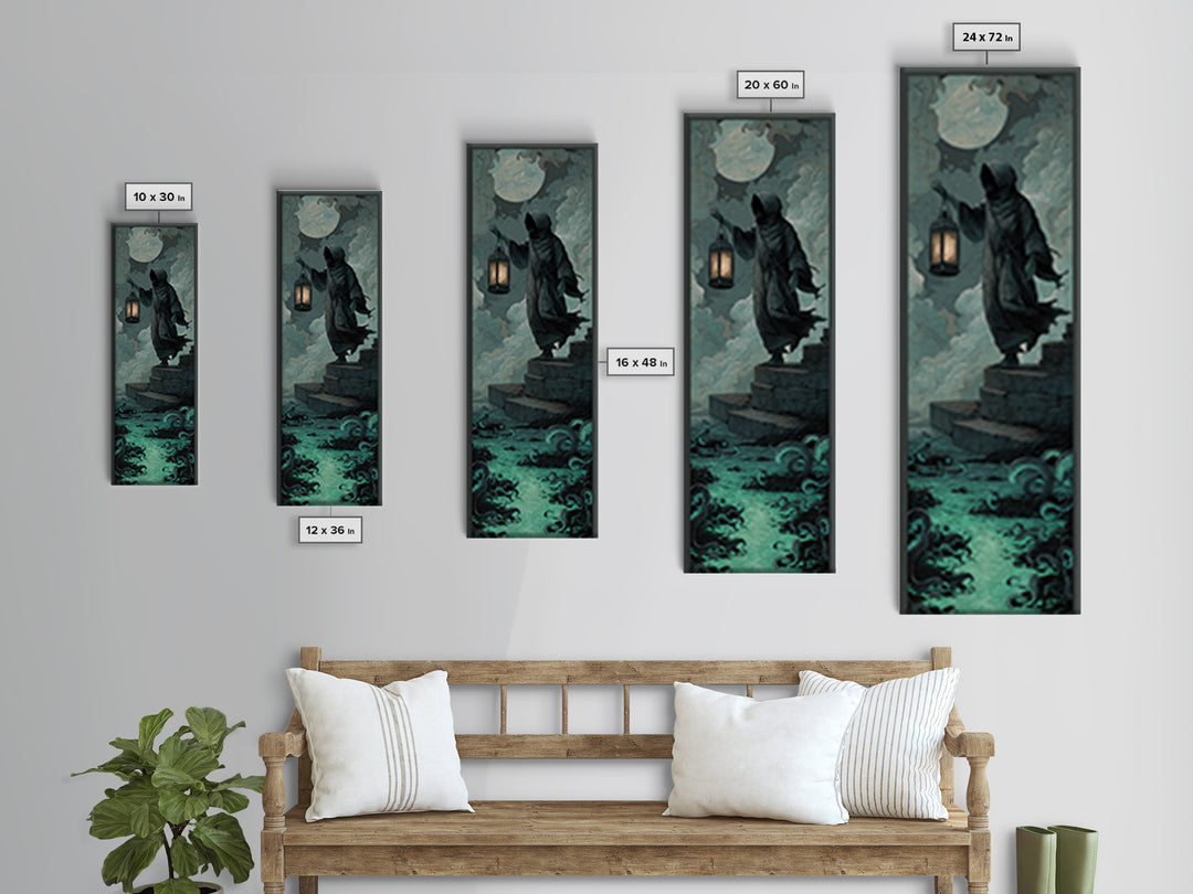The Lantern-Bearer Of R’Lyeh, Tall Narrow Wall Art, Gothic Horror Wall Art, Framed Canvas Print, Halloween Wall Decor, Gothic Home Decor