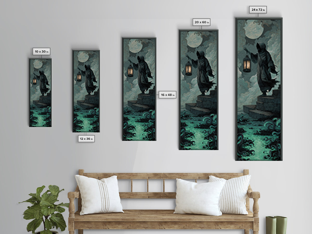 The Lantern-Bearer Of R’Lyeh, Tall Narrow Wall Art, Gothic Horror Wall Art, Framed Canvas Print, Halloween Wall Decor, Gothic Home Decor