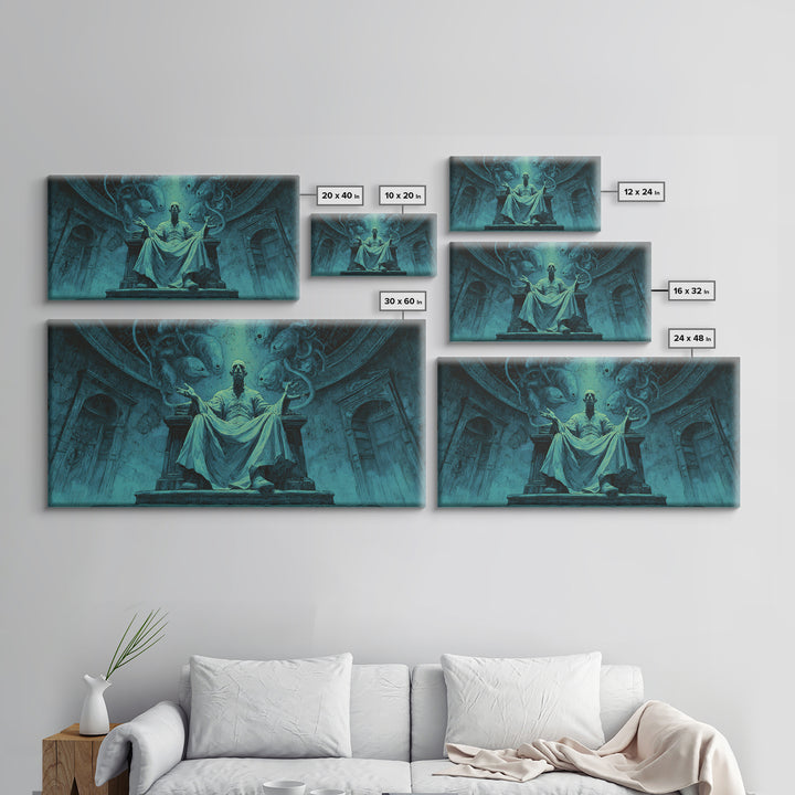 The Dreaming Priest Of The Outer Gate, Wide Panoramic Art, Gothic Horror Wall Art, Framed Canvas Print, Halloween Wall Decor