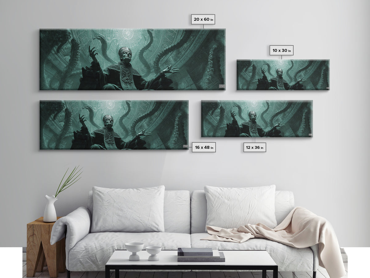 The Dreaming Priest Of The Outer Gate, Extra Wide Wall Art, Cosmic Horror Wall Art, Framed Canvas Print, Halloween Wall Decor