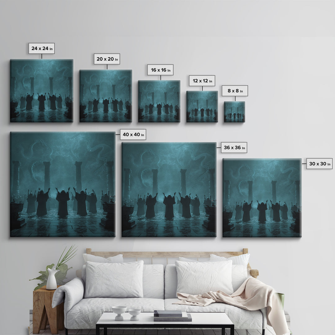 The Choir Of Deepwater Acolytes, Square Wall Art, Dark Fantasy Wall Art, Framed Canvas Print, Halloween Wall Decor, Gothic Home Decor