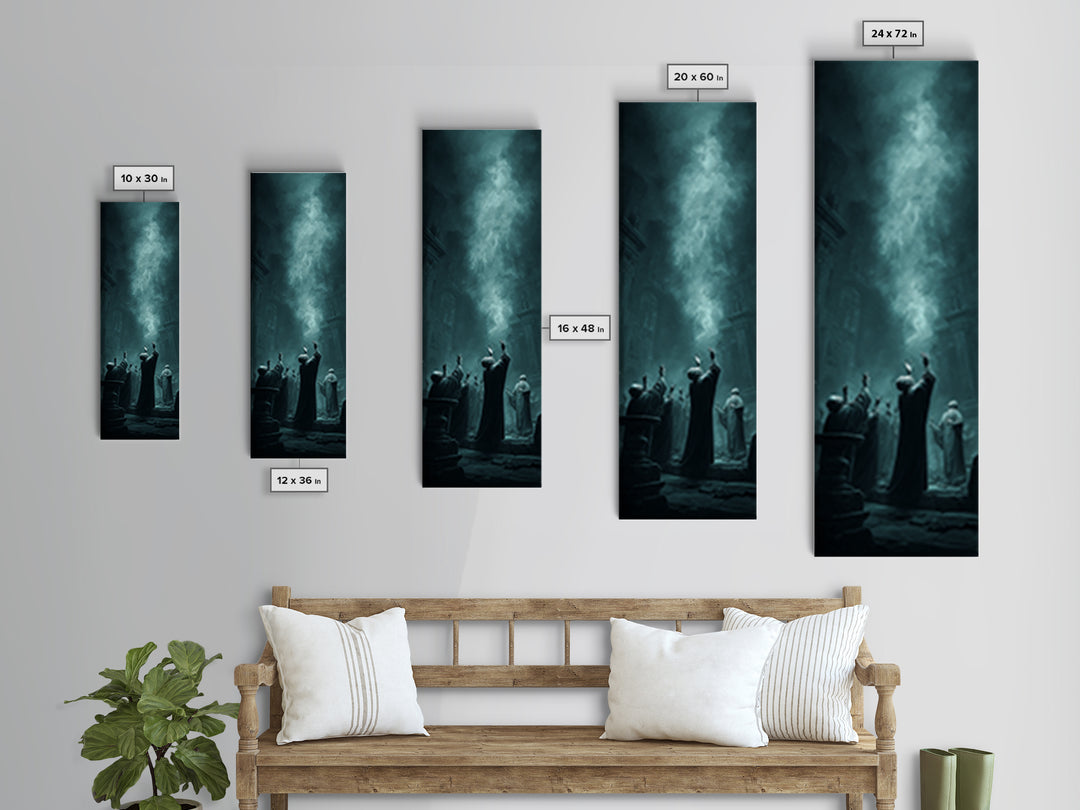 The Choir Of Deepwater Acolytes, Tall Narrow Wall Art, Lovecraftian Horror Art, Framed Canvas Print, Halloween Wall Decor, Gothic Home Decor
