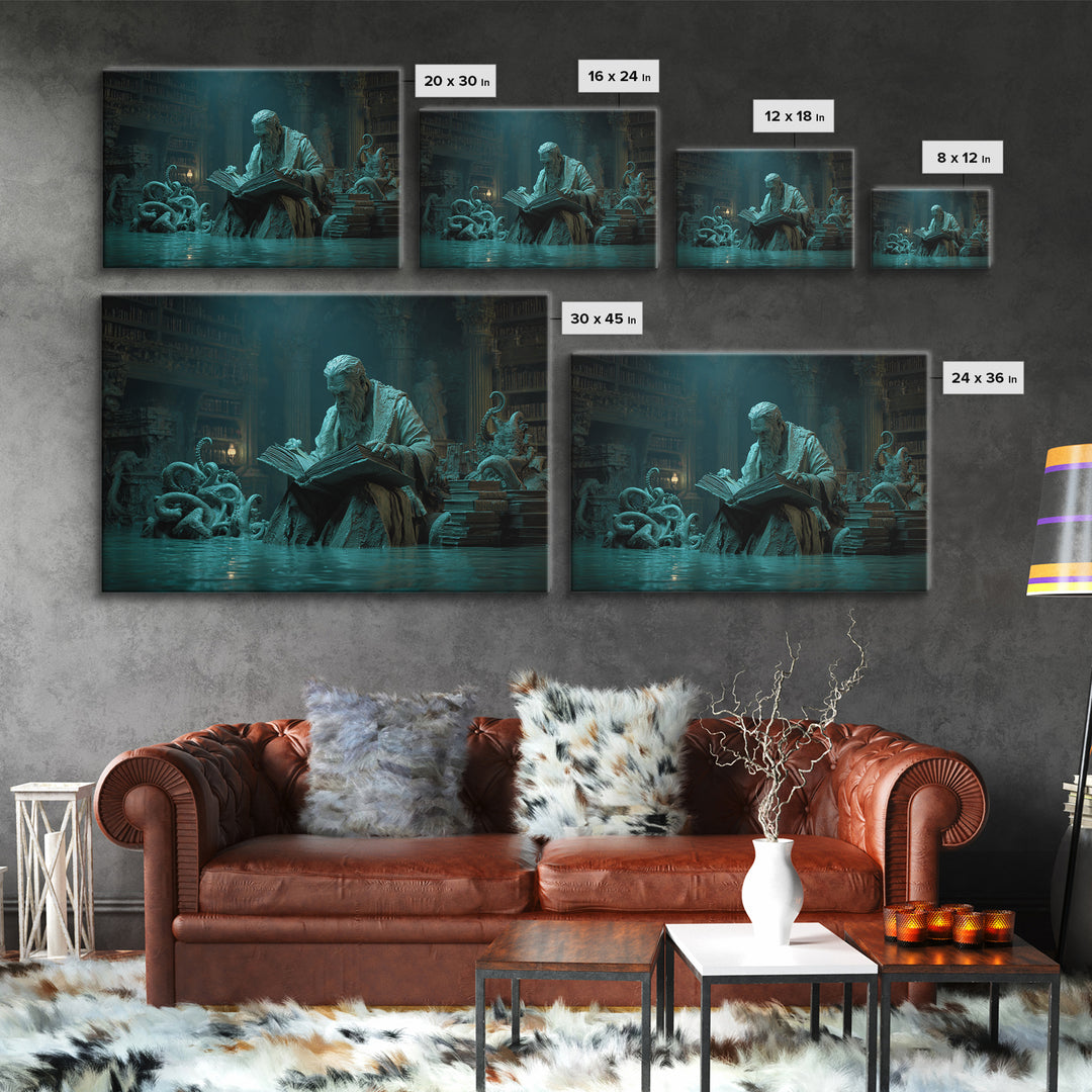 The Librarian Of Forbidden Tides, Landscape Wall Art, Lovecraftian Horror Art, Framed Canvas Print, Halloween Wall Decor, Gothic Home Decor