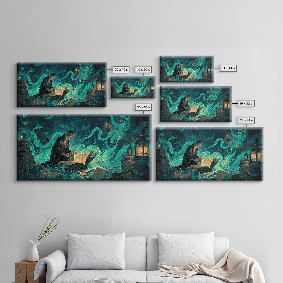 The Librarian Of Forbidden Tides, Wide Panoramic Art, Lovecraftian Horror Art, Canvas Print, Halloween Wall Decor, Gothic Home Decor