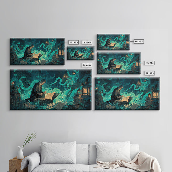 The Librarian Of Forbidden Tides, Wide Panoramic Art, Lovecraftian Horror Art, Canvas Print, Halloween Wall Decor, Gothic Home Decor