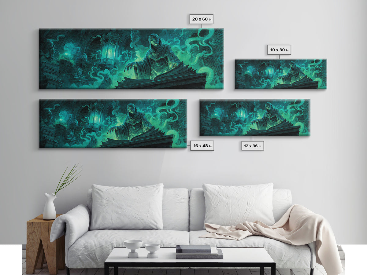 The Librarian Of Forbidden Tides, Extra Wide Wall Art, Cosmic Horror Wall Art, Canvas Print, Halloween Wall Decor, Gothic Home Decor