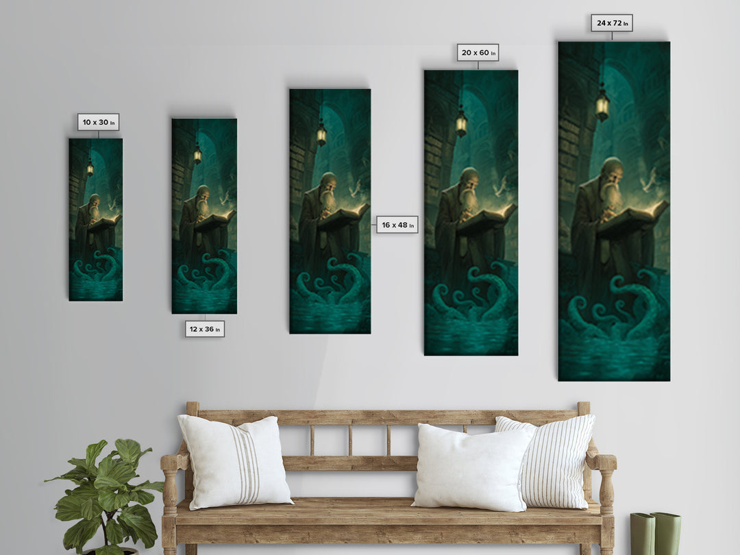 The Librarian Of Forbidden Tides, Tall Narrow Wall Art, Dark Fantasy Wall Art, Framed Canvas Print, Halloween Wall Decor, Gothic Home Decor