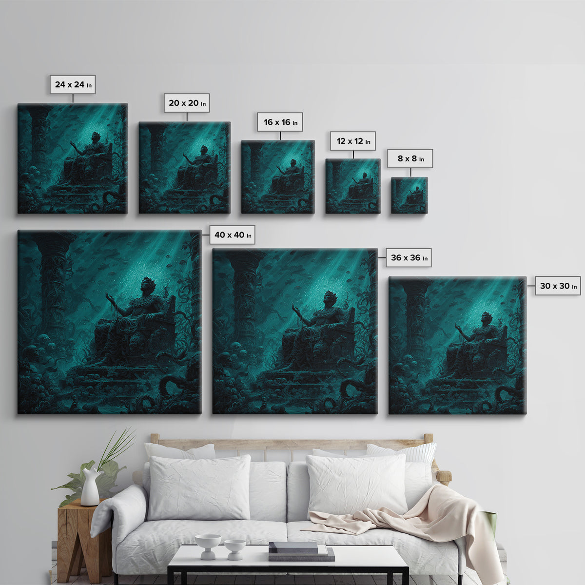 The Watcher In The Coral Throne, Square Wall Art, Lovecraftian Horror Art, Framed Canvas Print, Halloween Wall Decor, Gothic Home Decor