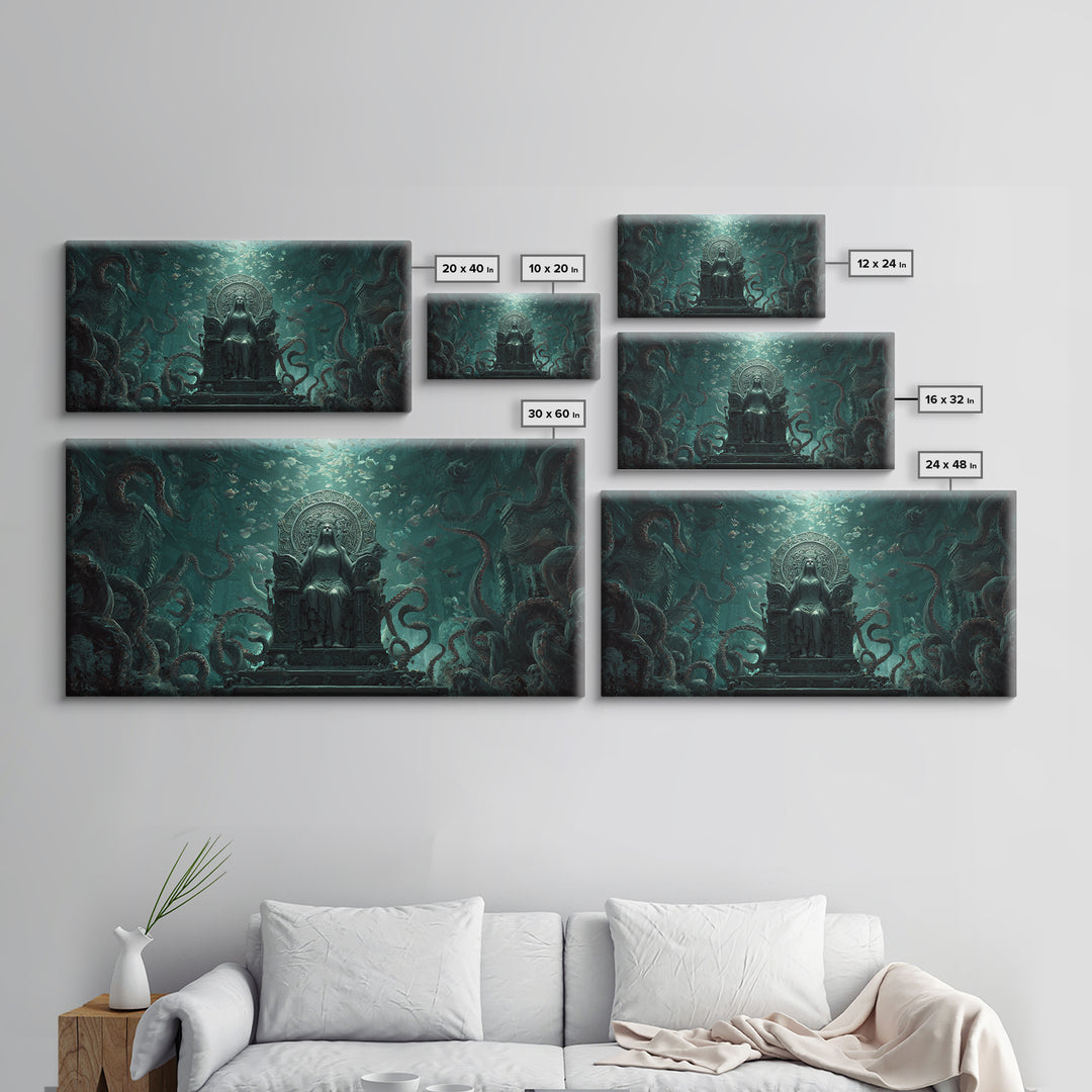 The Watcher In The Coral Throne, Wide Panoramic Art, Lovecraftian Horror Art, Framed Canvas Print, Halloween Wall Decor, Gothic Home Decor