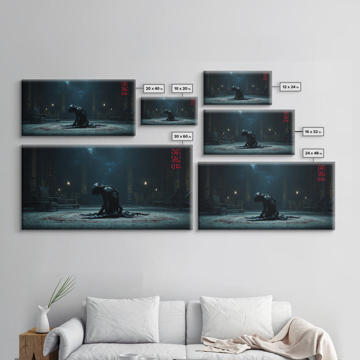 The Crawler Beneath The Floor Of Stars, Wide Panoramic Art, Eldritch Gothic Decor, Framed Canvas Print, Halloween Wall Decor