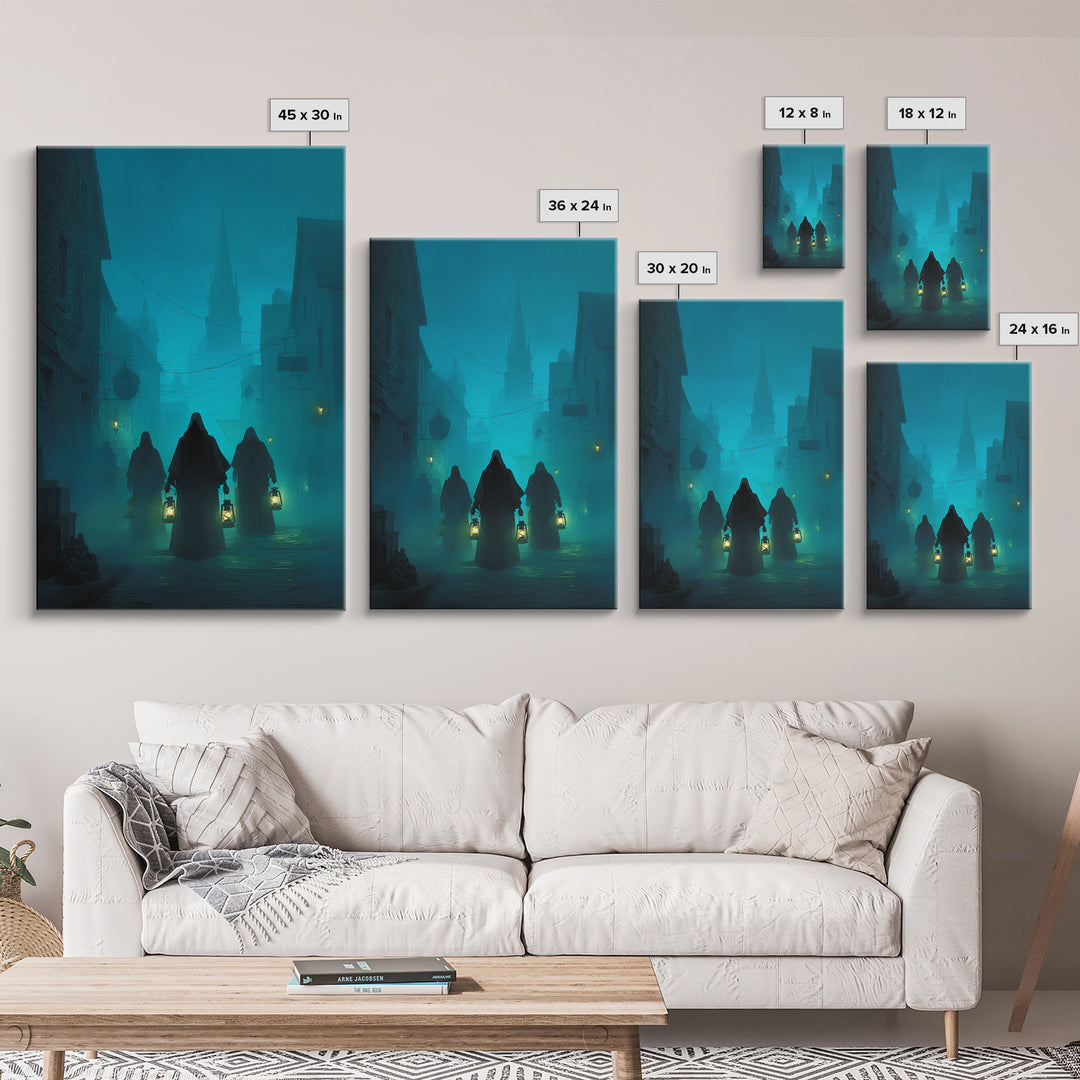 The Innsmouth Lantern Procession, Vertical Wall Art, Spooky Home Decor, Framed Canvas Print, Halloween Wall Decor, Gothic Home Decor