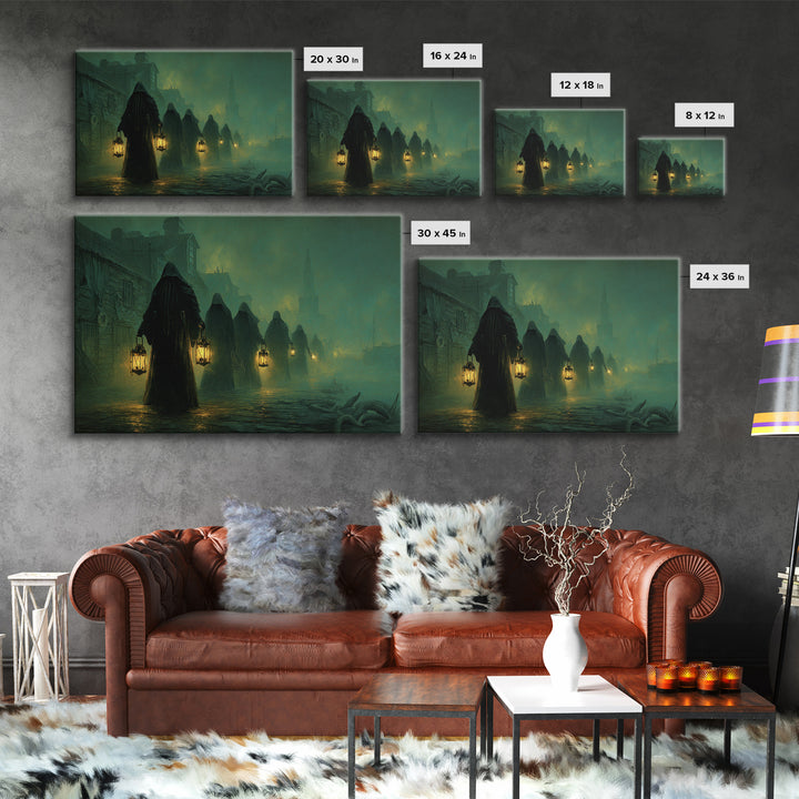 The Innsmouth Lantern Procession, Landscape Wall Art, Macabre Wall Art, Canvas Print, Halloween Wall Decor, Gothic Home Decor
