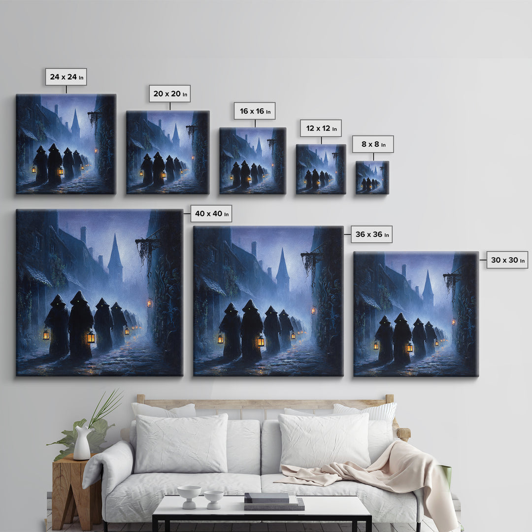 The Innsmouth Lantern Procession, Square Wall Art, Gothic Horror Wall Art, Framed Canvas Print, Halloween Wall Decor, Gothic Home Decor