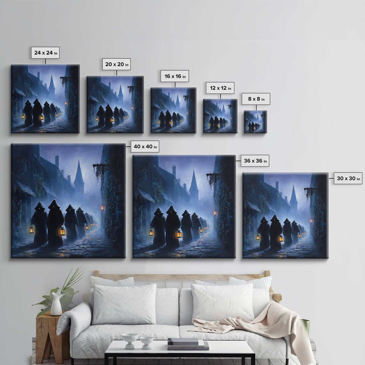 The Innsmouth Lantern Procession, Square Wall Art, Gothic Horror Wall Art, Framed Canvas Print, Halloween Wall Decor, Gothic Home Decor