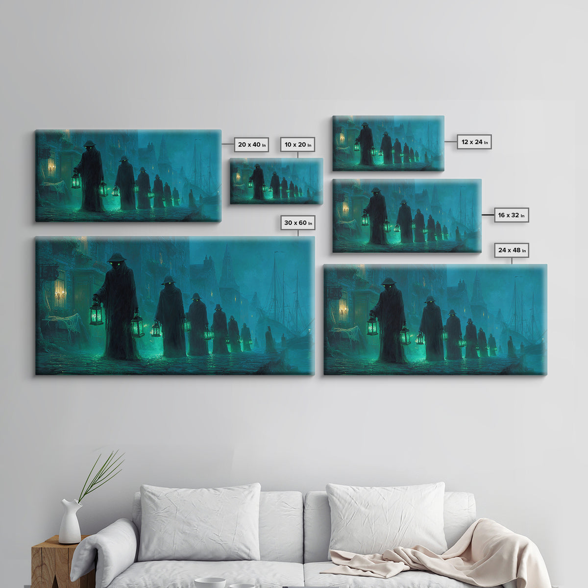 The Innsmouth Lantern Procession, Wide Panoramic Art, Eldritch Gothic Decor, Canvas Print, Halloween Wall Decor, Gothic Home Decor