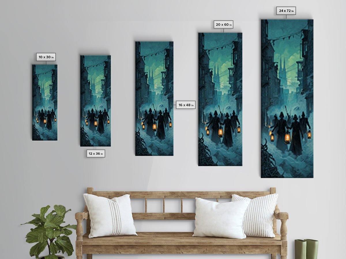 The Innsmouth Lantern Procession, Tall Narrow Wall Art, Gothic Horror Wall Art, Canvas Print, Halloween Wall Decor, Gothic Home Decor