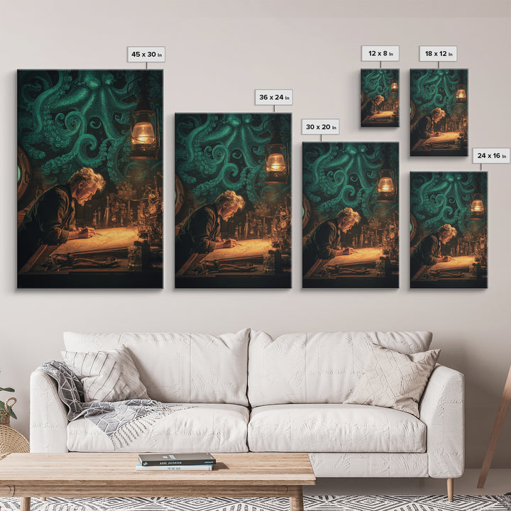 The Mapmaker Of Impossible Shores, Vertical Wall Art, Macabre Wall Art, Framed Canvas Print, Halloween Wall Decor, Gothic Home Decor