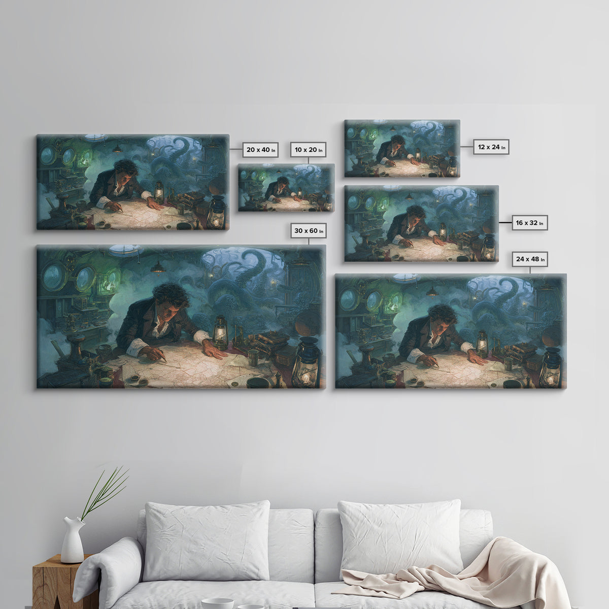 The Mapmaker Of Impossible Shores, Wide Panoramic Art, Eldritch Gothic Decor, Framed Canvas Print, Halloween Wall Decor, Gothic Home Decor