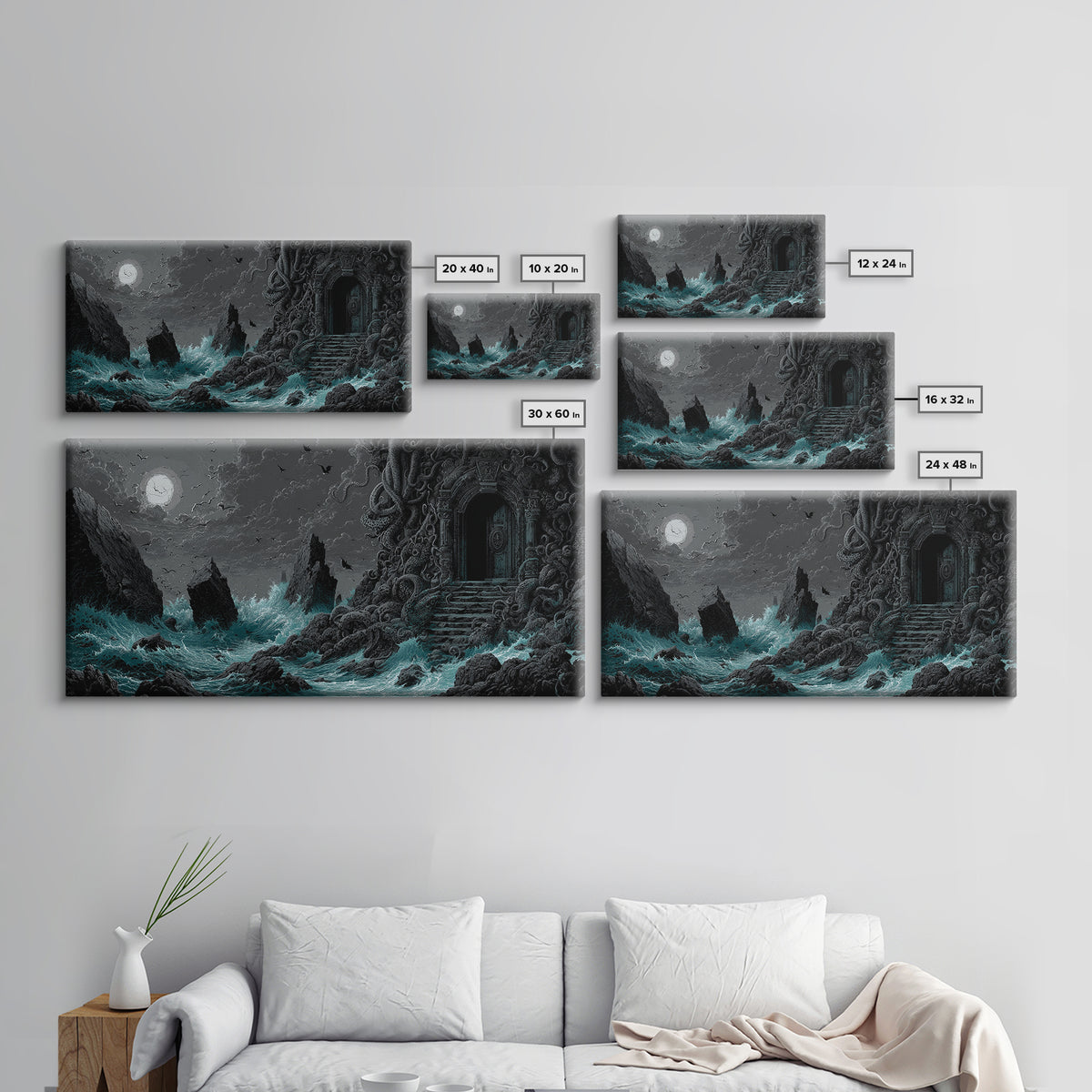 The Keeper Of The Black Reef Key, Wide Panoramic Art, Gothic Horror Wall Art, Canvas Print, Halloween Wall Decor, Gothic Home Decor