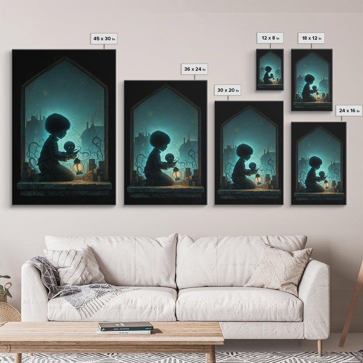 The Child Who Caught A Moon-Spawn, Vertical Wall Art, Eldritch Gothic Decor, Framed Canvas Print, Halloween Wall Decor, Gothic Home Decor
