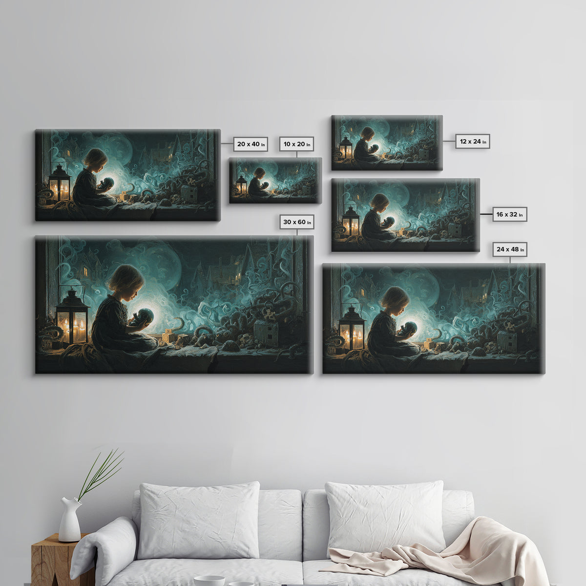 The Child Who Caught A Moon-Spawn, Wide Panoramic Art, Lovecraftian Horror Art, Framed Canvas Print, Halloween Wall Decor, Gothic Home Decor