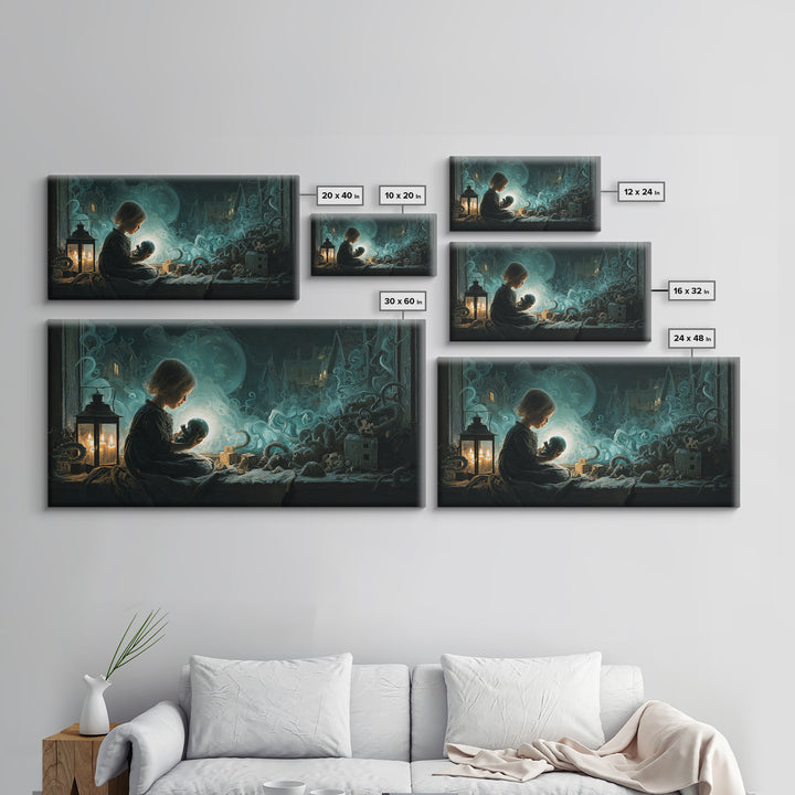 The Child Who Caught A Moon-Spawn, Wide Panoramic Art, Lovecraftian Horror Art, Framed Canvas Print, Halloween Wall Decor, Gothic Home Decor