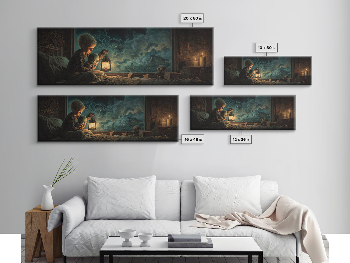 The Child Who Caught A Moon-Spawn, Extra Wide Wall Art, Eldritch Gothic Decor, Framed Canvas Print, Halloween Wall Decor, Gothic Home Decor