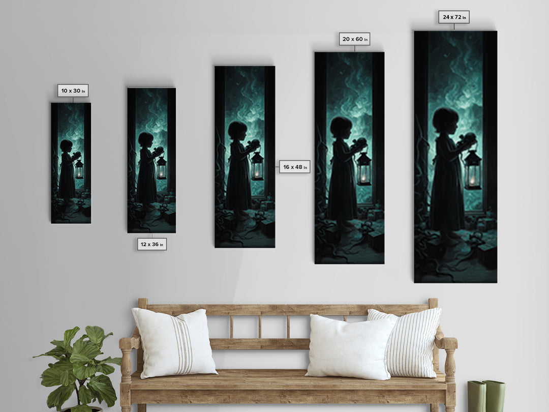 The Child Who Caught A Moon-Spawn, Tall Narrow Wall Art, Dark Halloween Decor, Framed Canvas Print, Halloween Wall Decor, Gothic Home Decor