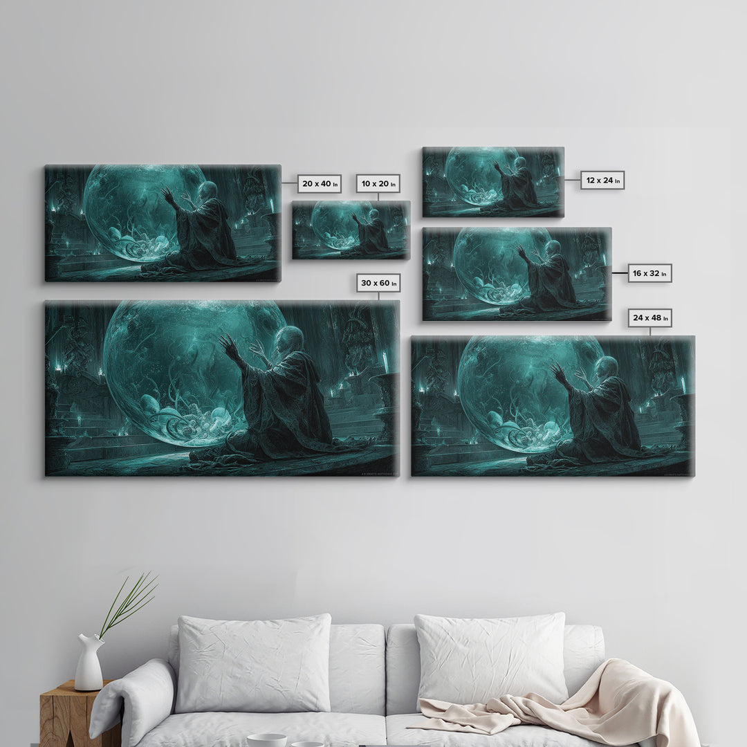 The Oracle Of The Glass Depths, Wide Panoramic Art, Haunted Gothic Art, Framed Canvas Print, Halloween Wall Decor, Gothic Home Decor