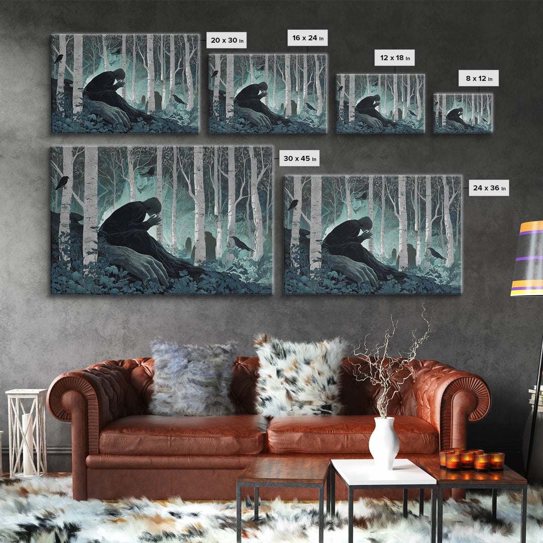 The Sleeper In The Birch Grove, Landscape Wall Art, Dark Halloween Decor, Canvas Print, Halloween Wall Decor, Gothic Home Decor
