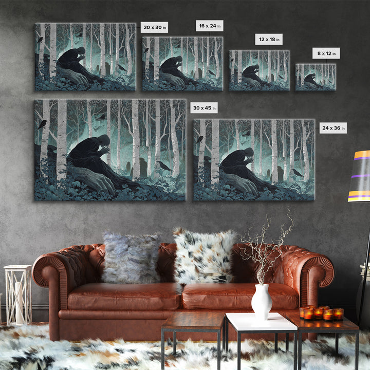 The Sleeper In The Birch Grove, Landscape Wall Art, Dark Halloween Decor, Canvas Print, Halloween Wall Decor, Gothic Home Decor