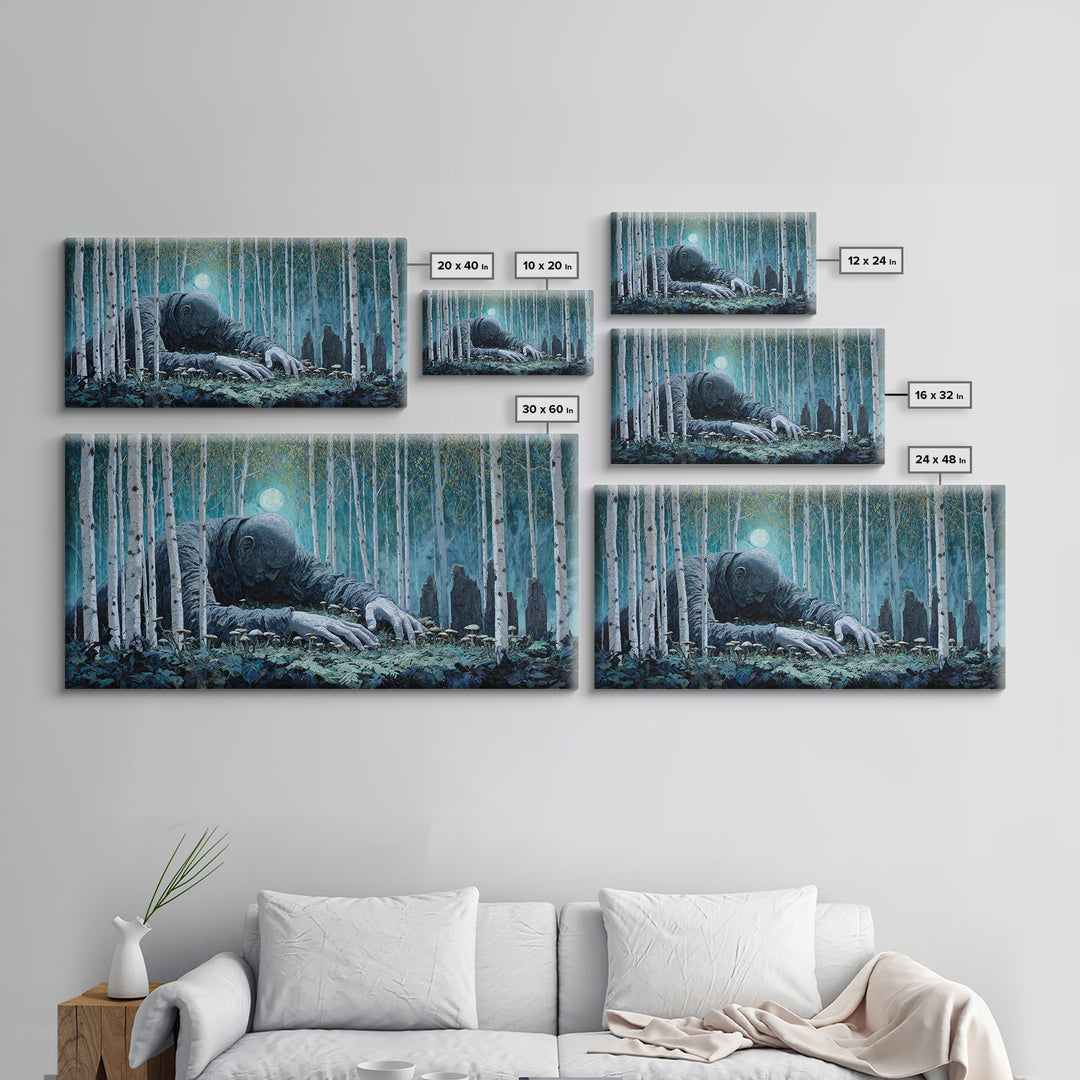 The Sleeper In The Birch Grove, Wide Panoramic Art, Lovecraftian Horror Art, Framed Canvas Print, Halloween Wall Decor, Gothic Home Decor
