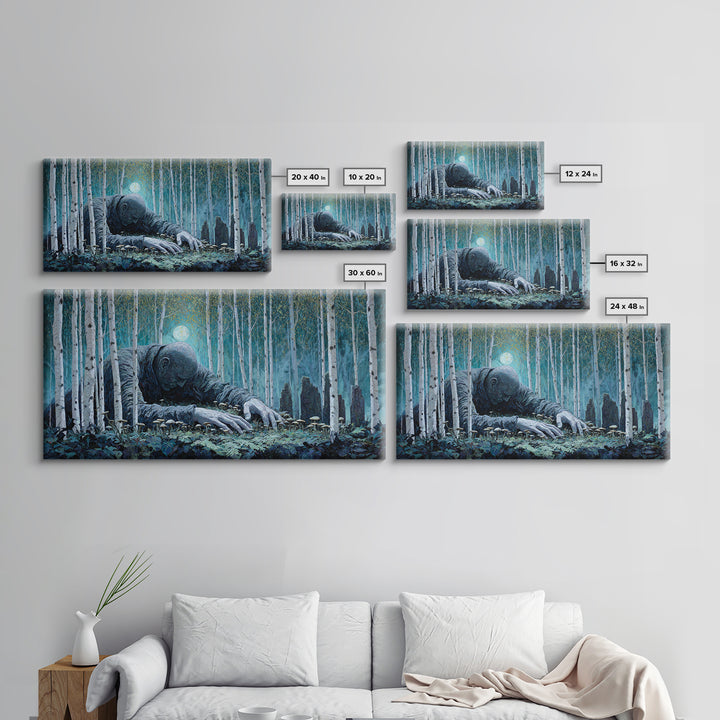 The Sleeper In The Birch Grove, Wide Panoramic Art, Lovecraftian Horror Art, Framed Canvas Print, Halloween Wall Decor, Gothic Home Decor
