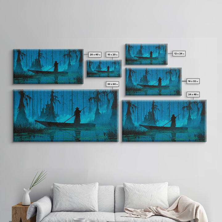 The Ferryman Of The Outer Marsh, Wide Panoramic Art, Lovecraftian Horror Art, Framed Canvas Print, Halloween Wall Decor, Gothic Home Decor