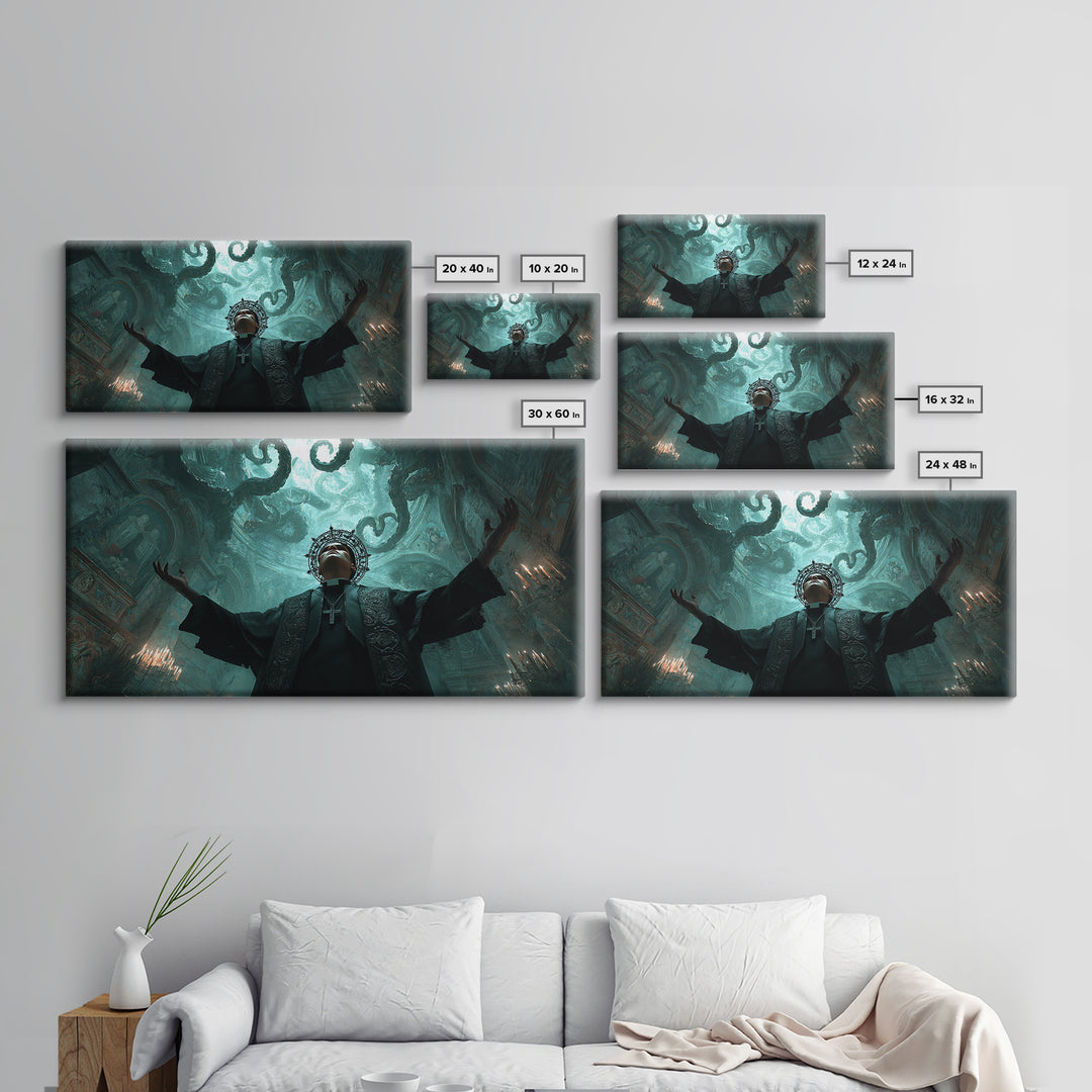 The Crown Of The Tentacled Saint, Wide Panoramic Art, Eldritch Gothic Decor, Canvas Print, Halloween Wall Decor, Gothic Home Decor