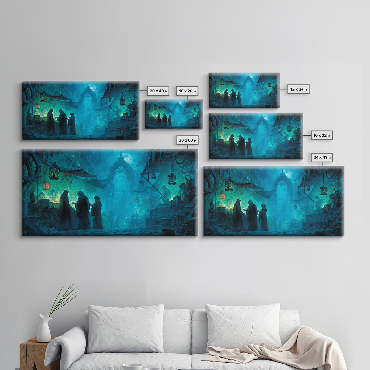 The Lantern Market Beyond The Veil, Wide Panoramic Art, Eldritch Gothic Decor, Framed Canvas Print, Halloween Wall Decor, Gothic Home Decor