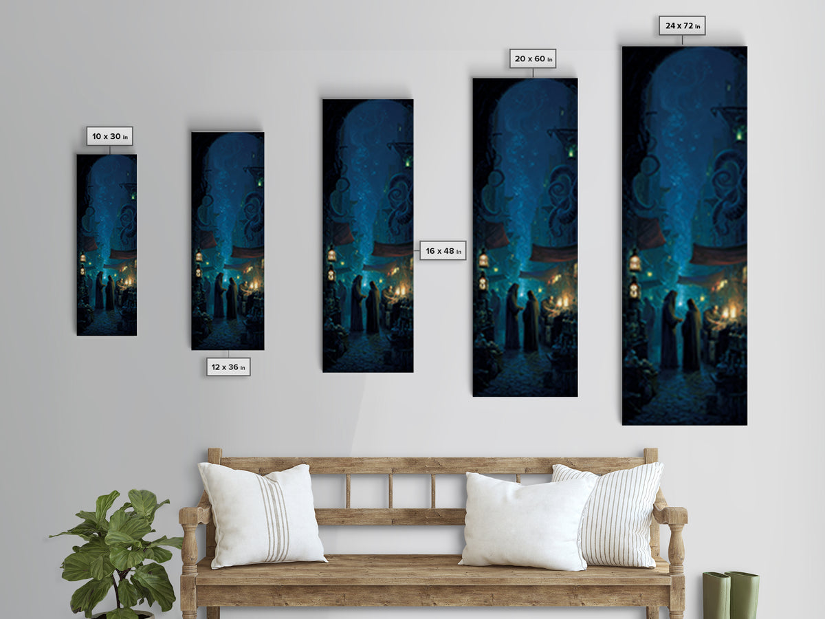 The Lantern Market Beyond The Veil, Tall Narrow Wall Art, Eldritch Gothic Decor, Canvas Print, Halloween Wall Decor, Gothic Home Decor
