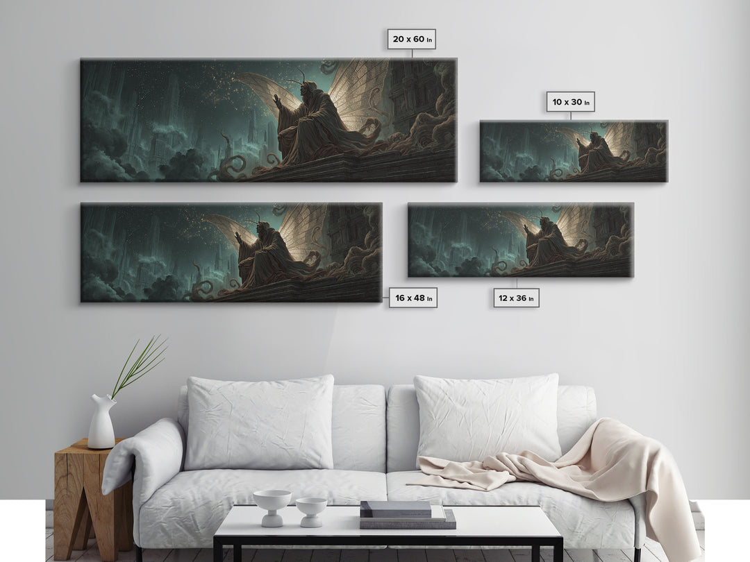 The Moth Prophet Of Kadath, Extra Wide Wall Art, Lovecraftian Horror Art, Canvas Print, Halloween Wall Decor, Gothic Home Decor