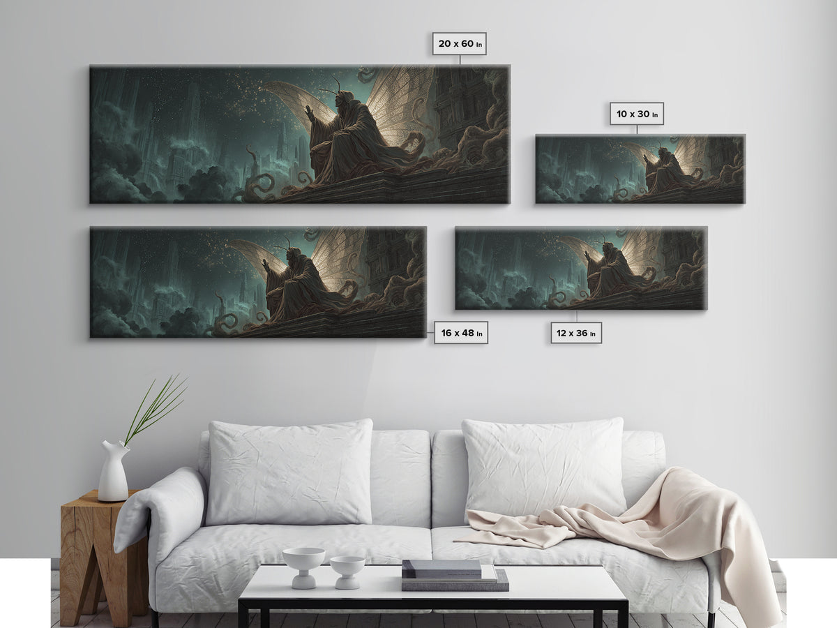 The Moth Prophet Of Kadath, Extra Wide Wall Art, Lovecraftian Horror Art, Canvas Print, Halloween Wall Decor, Gothic Home Decor