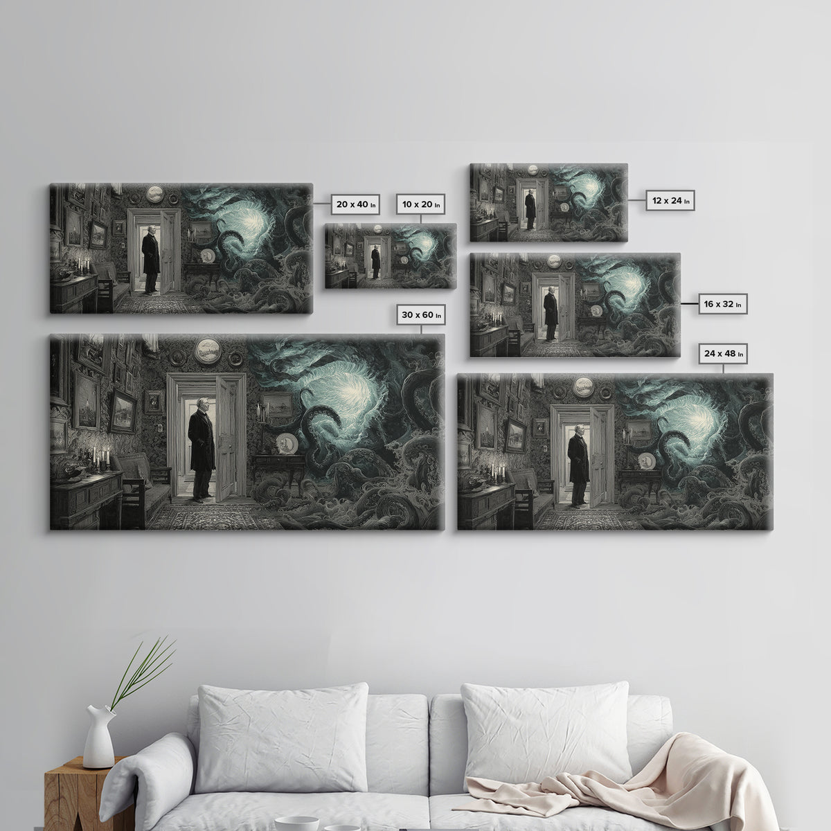The Thirteenth Door Of Arkham House, Wide Panoramic Art, Gothic Horror Wall Art, Canvas Print, Halloween Wall Decor, Gothic Home Decor