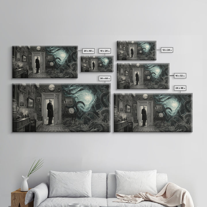 The Thirteenth Door Of Arkham House, Wide Panoramic Art, Gothic Horror Wall Art, Canvas Print, Halloween Wall Decor, Gothic Home Decor