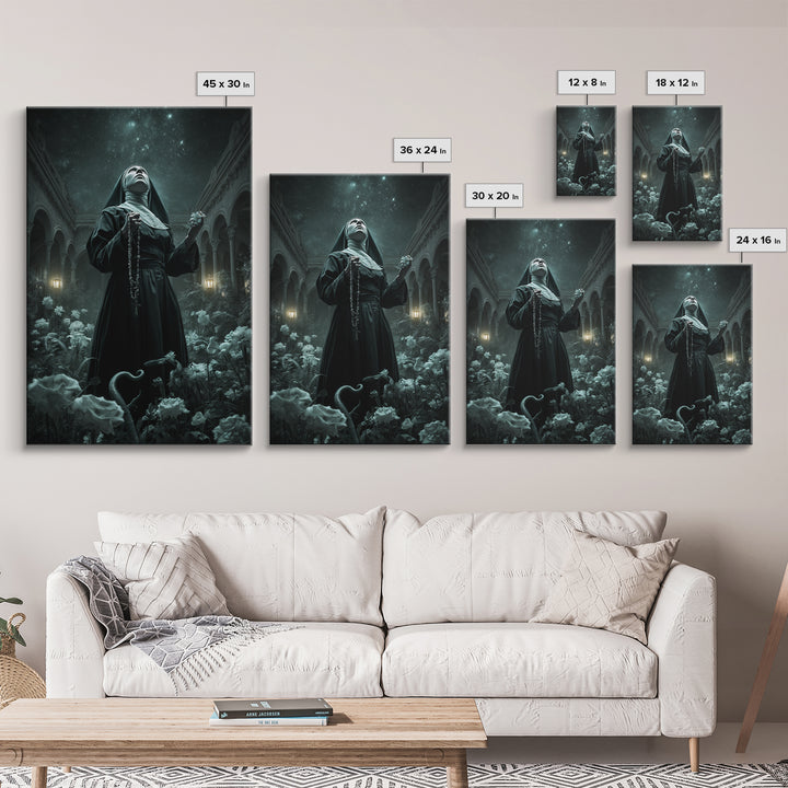 The Nun Of The Endless Constellation, Vertical Wall Art, Spooky Home Decor, Framed Canvas Print, Halloween Wall Decor, Gothic Home Decor