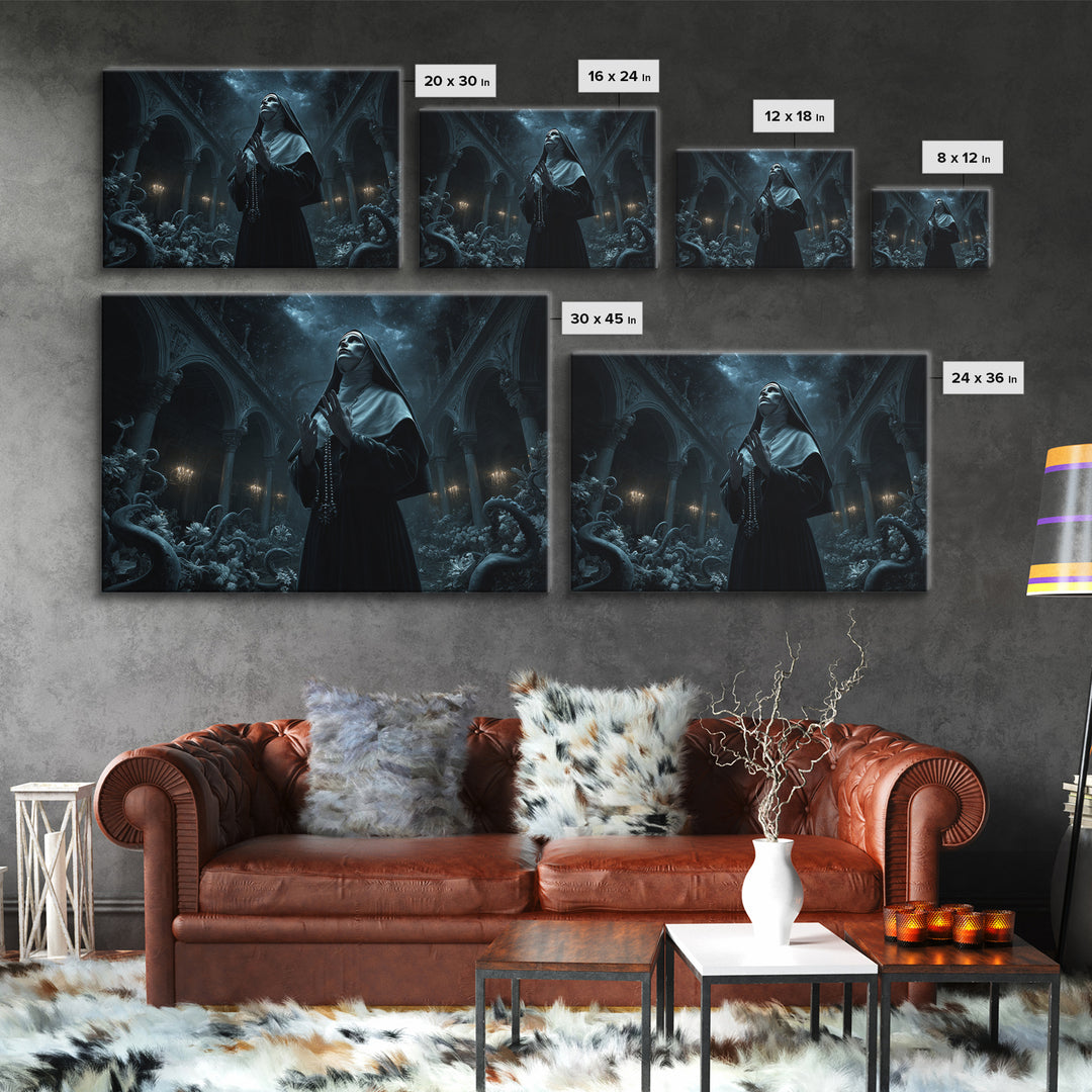 The Nun Of The Endless Constellation, Landscape Wall Art, Dark Halloween Decor, Framed Canvas Print, Halloween Wall Decor, Gothic Home Decor