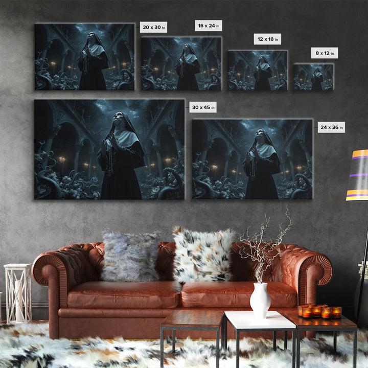 The Nun Of The Endless Constellation, Landscape Wall Art, Dark Halloween Decor, Framed Canvas Print, Halloween Wall Decor, Gothic Home Decor